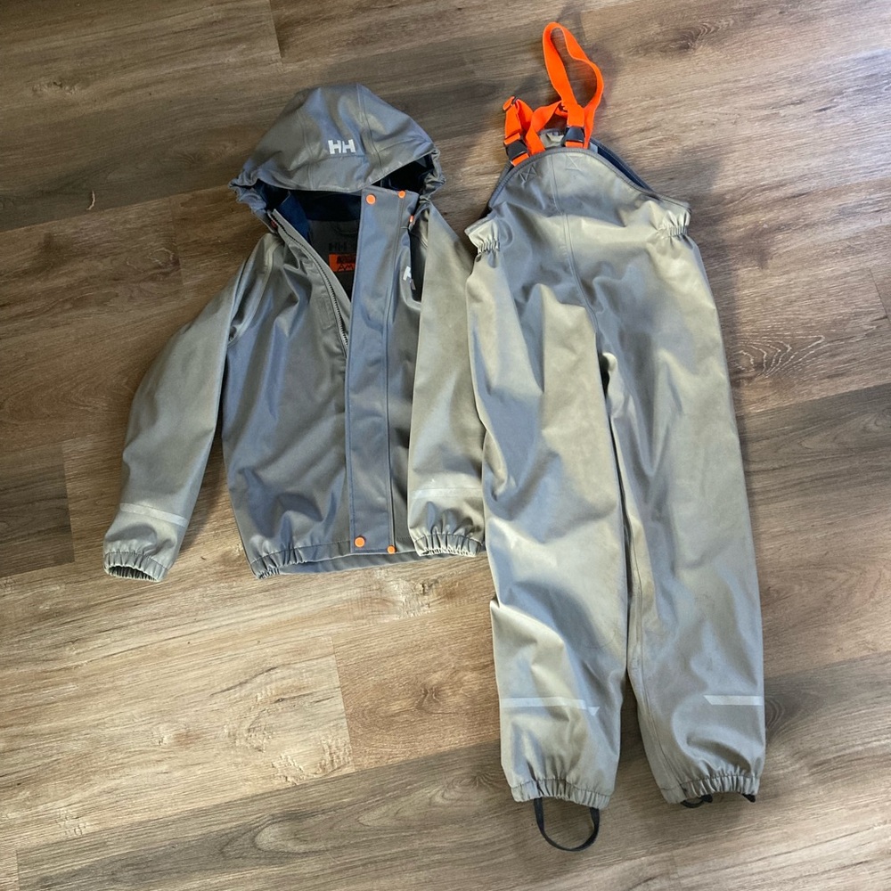 Helly Hansen Kids Bergen Fleece Raincoat and Bib Set - Gray and Orange
